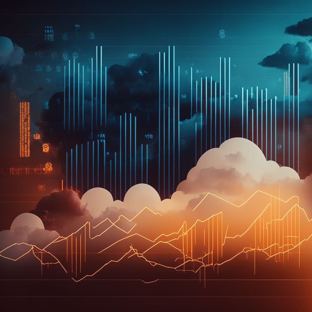 A depiction of a rising bar graph, embodying the resilience of smart contracts against a backdrop of turbulent cryptocurrency-themed clouds. The environment reflects a dusk setting with warm moody colors symbolizing the Q2 downturn. Blockchain structures are intricately scattered across, illustrating the continuous development. Elements of regulatory paperwork fly around to represent increased scrutiny, yet, anchors of hope highlighting crypto's long-term optimism glow brightly amidst chaos.