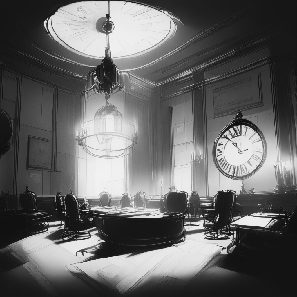 Conceptual scene of a grand boardroom filled with virtual documents symbolizing ETF applications, classic Renaissance style. The room is lit by a soft, warm glow to signify hope, determination, and resilience. Pencil-sketch individuals are furiously correcting and revising these documents. Vintage pendulum clock on the wall indicating impending 45-day review period. There's a sense of height representing Bitcoin's price surge. A digital display of a bull and bear representing the rocky crypto market conditions.