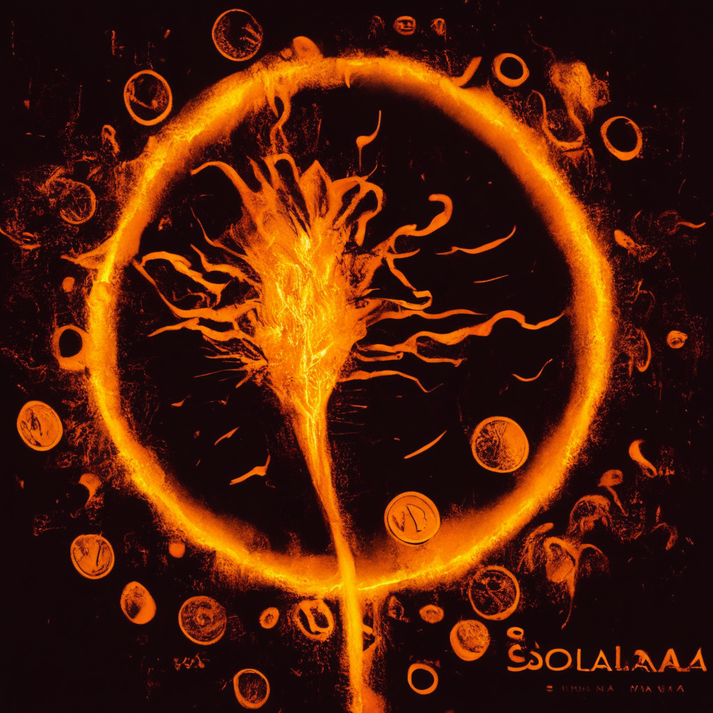 Expressionistic portrayal of Solana's market surge, coin ascending over other altcoins with dramatic details, fiery orange hues to convey bullish market sentiments. Incorporate a contrasting scenario with yPredict's token represented as a glowing beacon in a dark, uncertain market, symbolising potential risks and revolutionary nature. Create an impression of chaos yet still maintain coherency to illustrate the unpredictable nature of the cryptocurrency market.
