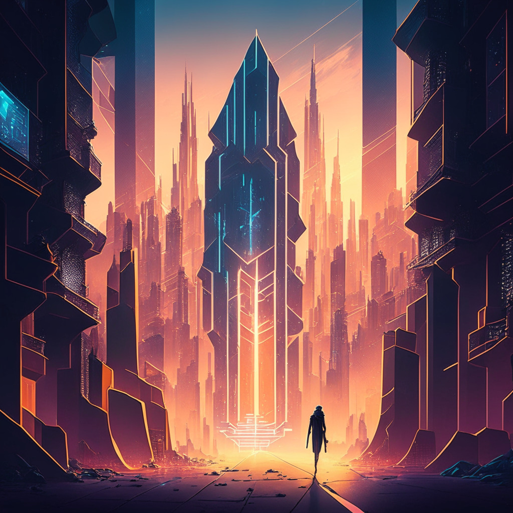A futuristic cityscape bathed in a soothing evening glow, with buildings intricately designed to symbolize Ethereum layer-2 network. A figure representing Starknet stepping into a new realm filled with tools, opening a door to a realm filled with appchains, distinctly tailored. Other 'trailblazer' entities, such as Polygon and Optimism, are portrayed as paving roads in the background. The mood is one of exhilaration and pioneering spirit.