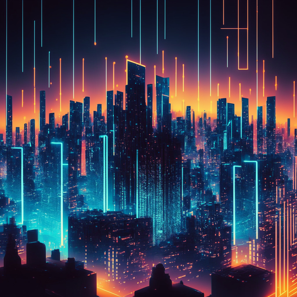 A futuristic cityscape at twilight, bathed in a mix of warm and cool neon glows, reflecting the interplay between AI and cryptocurrency exchanges. The skyline filled with Transparent office buildings, hinting at the workings inside - a flurry of activity symbolized by grid-like structured patterns of light, each representing AI-driven strategies. An AI chatbot icon floating on one side, amid stark rays of a setting sun, a symbol of enhanced customer interactions. A visible flow of obscured data streams, depicting ZK-proof technology, protective yet fluid, runs through the city, reinforcing privacy safeguards. The atmosphere, a harmonious blend of sophistication and intrigue, illustrating the potential revolution in market dynamics.