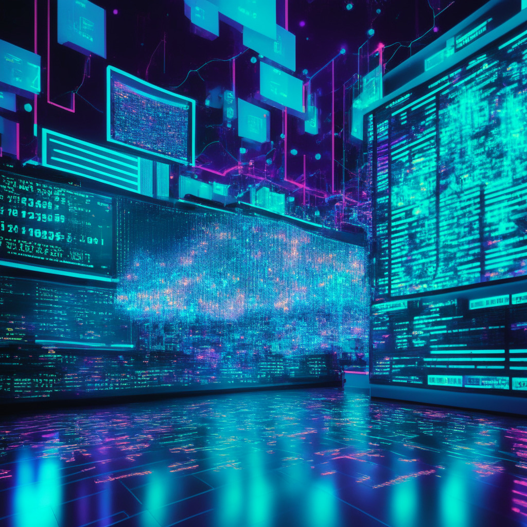 A futuristic, neon-lit financial trading floor filled with holographic data screens showing complex analytics and graphs, heightened by a modern cubist artistic style. The mood is one of anticipation and intelligent excitement with light bouncing off the screens creating a kaleidoscopic glow. Tiny AI bots are seen fluttering around, analyzing and disseminating data. There are also representations of different crypto tokens and NFTs in the form of holographic, abstract sculptures. In the epicenter, a sleek, cybernetic eagle - representing the investment platform - soars with pride and assurance, lending a thrilling sense of ascension to the scene.