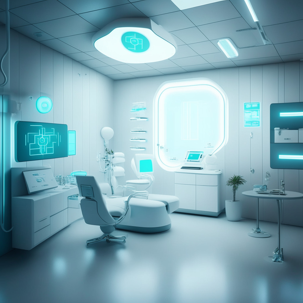 A futuristic medical consultation room with soft, warm lighting illuminating AI-operated diagnostic tools and advanced medical equipment integrated harmoniously within the space, reflecting cutting-edge technological transformations of today's healthcare industry. A serene, hopeful atmosphere pervades the scene, symbolising the promise of personalised medicine enriched through machine learning. The scene subtly hints towards ethical debates, resembling intricate weavings of regulation and transparency in the AI process.