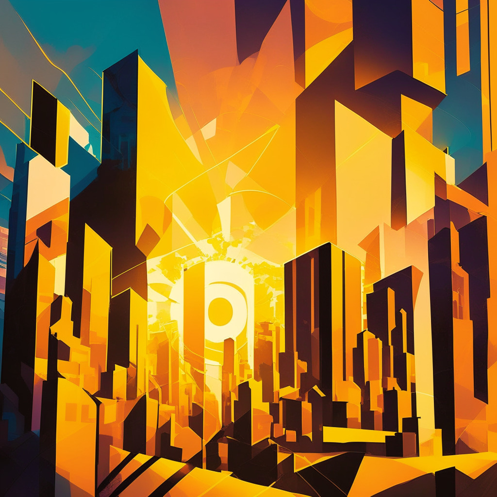 Vibrant, abstract cityscape at sunset, Cubist art style, Buildings morphing into iconic digital transaction symbols. Central is a cryptocurrency symbol glowing brightly, mirroring the setting sun. Shadows cast a question mark over the scene, hinting at uncertainty, Tech-inspired hues with a touch of gold light dance across, capturing the mood of cautious anticipation.