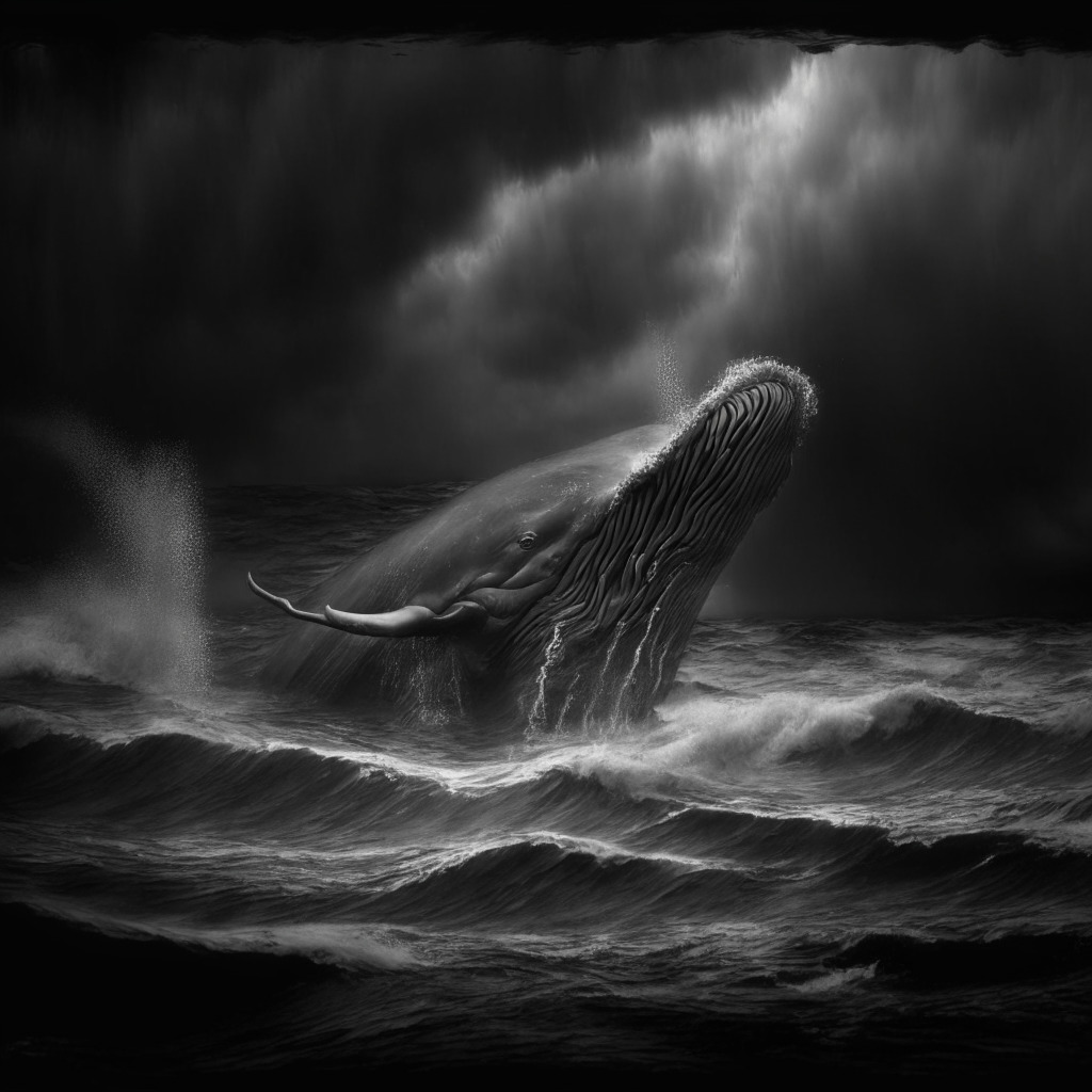 A detailed, grayscale image capturing the essence of a turbulent sea before the storm, building anticipation. Sharp contrasts of chiaroscuro should highlight the hulking, aggressive waves, yet they are eerily calm. The picture should take inspiration from Romantic era paintings, reflecting a tense mood. Nudging below the dark water, a golden whale represents buyer pressure. In the sky, the hint of a cross should demonstrate the MACD indicator's bullish signal. Beware, a sudden bolt of lighting, illustrating potential volatility.