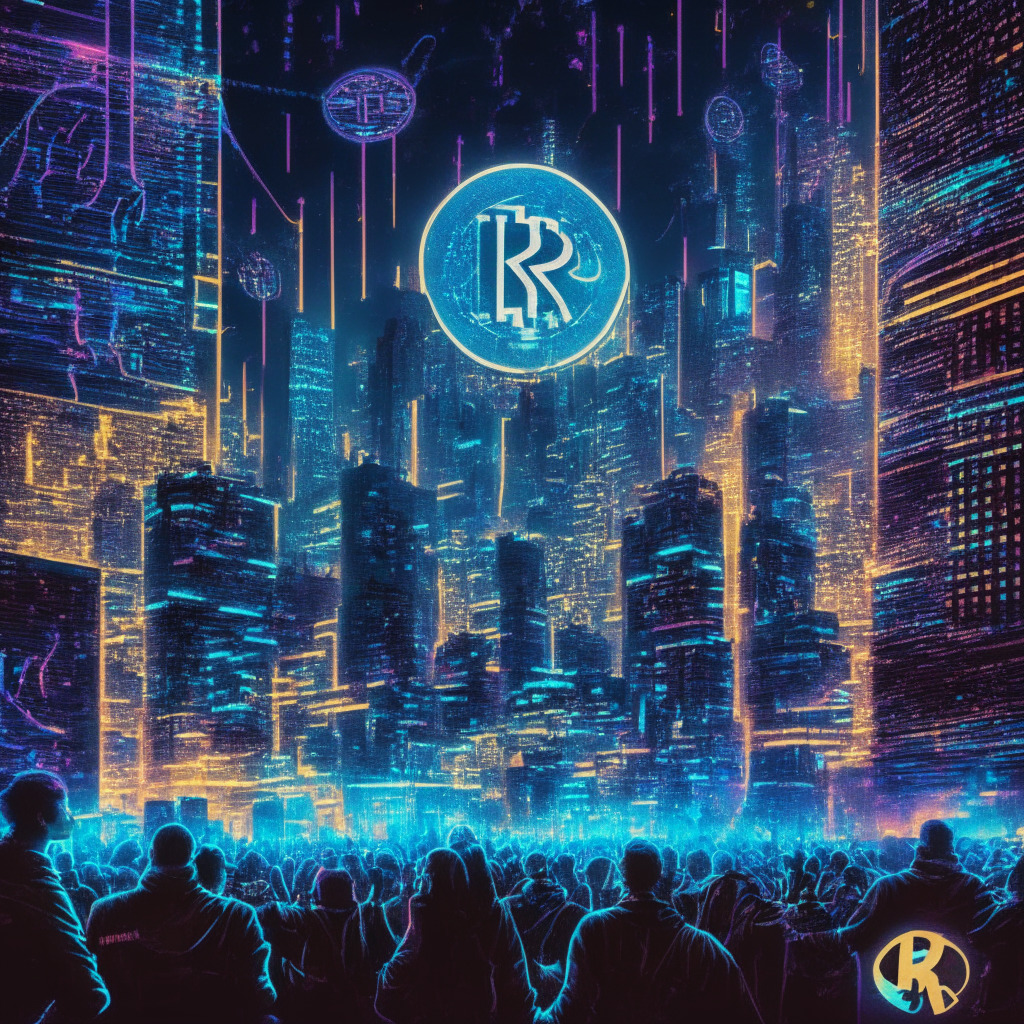 Evening at a virtual finance metropolis where buildings pulsate with neon grid patterns and data streams, symbolizing the intense crypto activity. In the city's heart, a glowing coin engraved with XRP ascends a triumphant flight, cheered by a holographic crowd. Nearby, a new shining token, etched with THUG emerges from a hip-hop graffiti wall, accompanied by rising graphs. Metaphorical representation of the positive sentiment and growing value influenced by recent rulings. Artistic style: Cyberpunk with a stark chiaroscuro contrast.