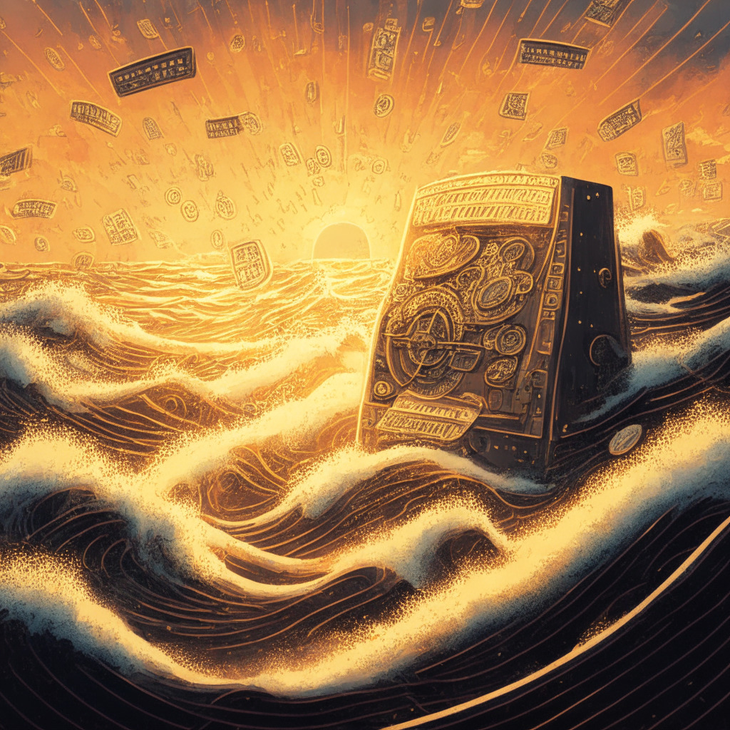 A digital painting of a large wave cresting over a sea of vintage Telegram machines, lit by the soft glow of a setting sun. The wave is composed of lines of glowing, golden code, implying cryptic communication. Coins with the symbol of the bot, are in-scattered through the wave. Art style to be rich in detail, with a somber mood for the depiction of the volatile crypto-bots landscape.