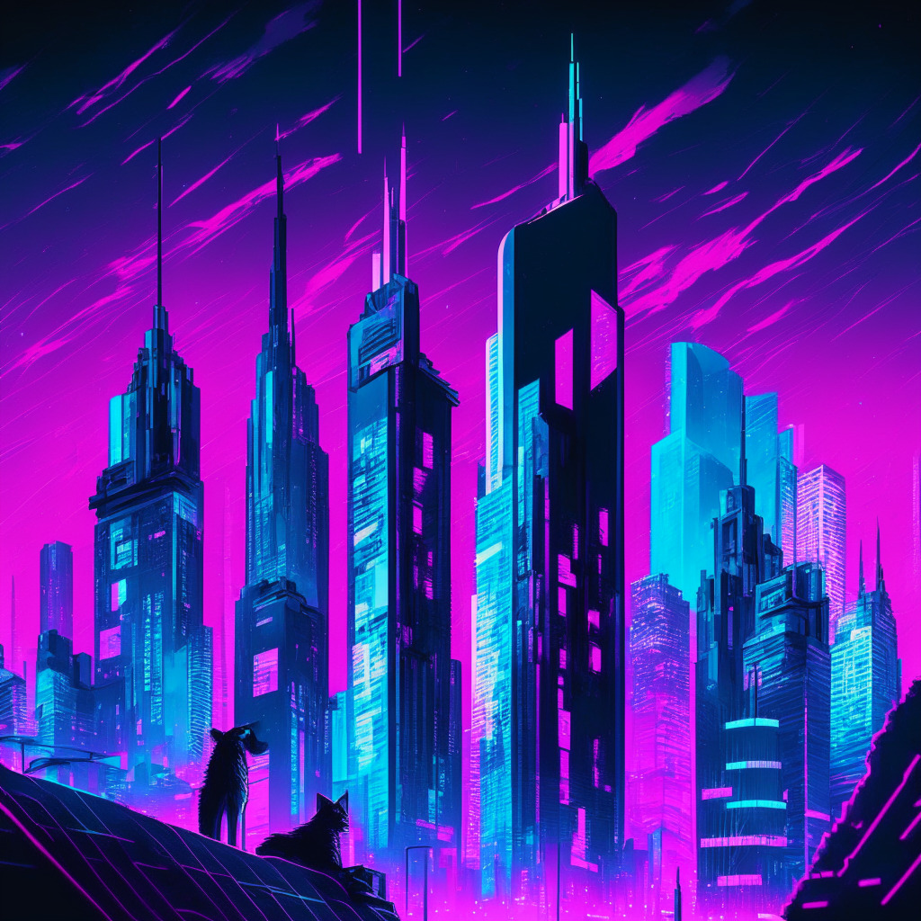 An animated city skyline at night, bathed in neon pink & blue hues, symbolizing the dynamic & volatile crypto market. Skyscrapers towering, one with a glowing Dogecoin icon, another with a rising Wall Street Memes coin sign. Mood is hopeful yet uncertain, style is futuristic noir.