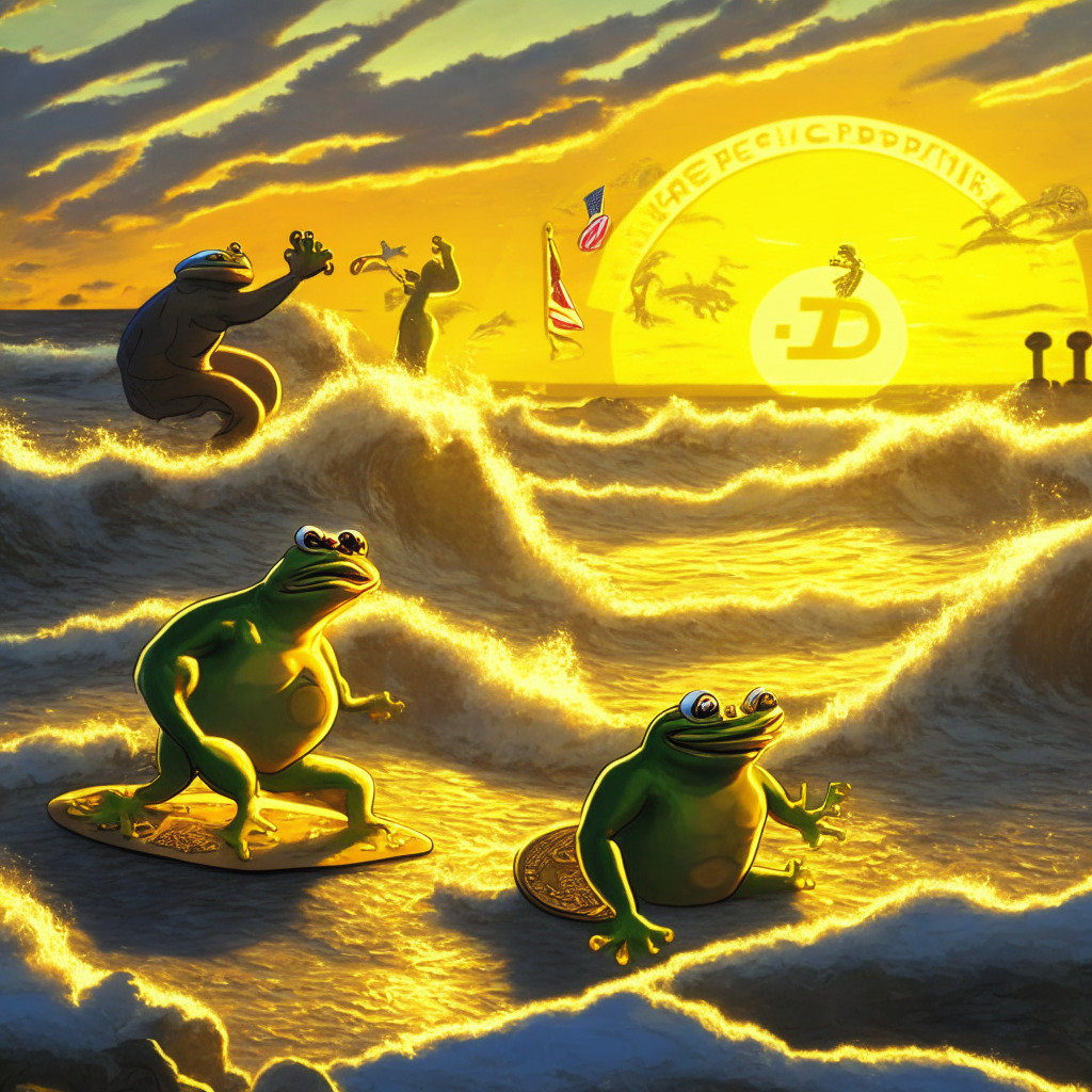 A crescendo of cryptocurrency activity featuring two prominent meme tokens - Pepe and WSM. In the foreground, an animated Pepe frog surf riding on a dynamic, gold coin-covered wave, representing its recent price hike, in the backdrop dusky morning light symbolises the early market momentum. In contrast, a luminous, rising sun illuminates a digital Wall Street, with the Wall Street memes (WSM) token casting a towering shadow, symbolising its upcoming potential, style it in pixel art to reflect its digital reality. Set the mood as electrifying yet unpredictable.