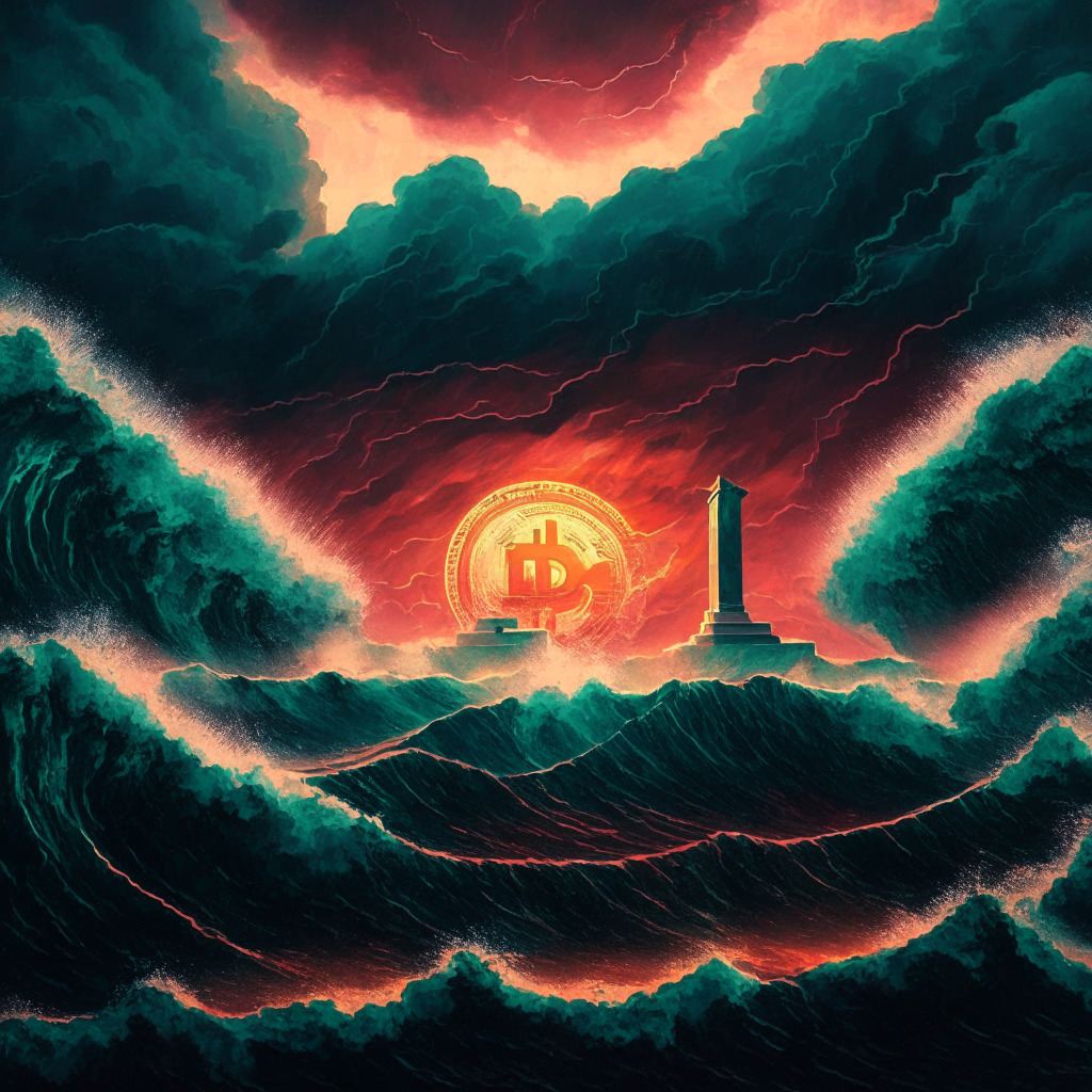 Dramatic oceanic waves at twilight, symbolizing cryptocurrency market volatility, shades of red and green reflecting Bitcoin and Ethereum values. Altcoins Stellar, Solana, and Optimism represented as rising stars in the cloudy, moody sky. Ripple's victory resonates through a highlighted courthouse. Distant investors carefully studying the horizon, anticipation and risk in their faces.
