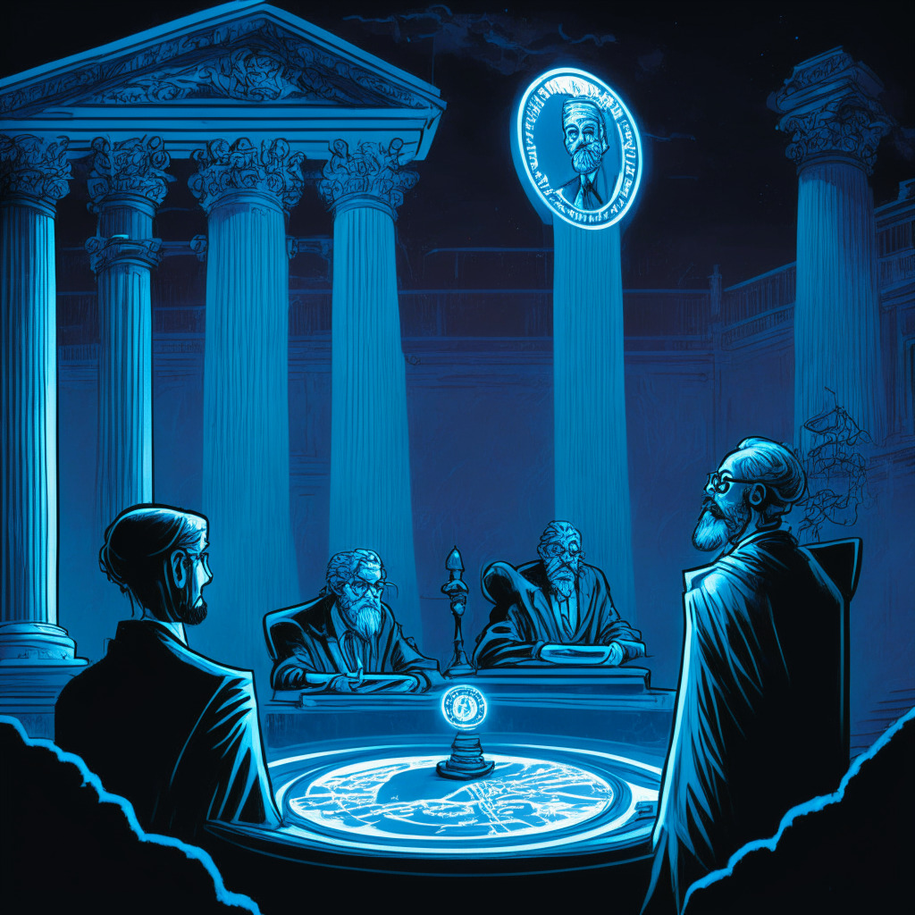 A digital courthouse awash in twilight blue light and intrigue. In the foreground, a symbolic scale balances a glowing TerraUSD coin and a Luna token. AI-drawn caricatures of judges Rakoff and Torres in a thoughtful conversation, around them cryptic symbols representing crypto regulations, alluding to a Baroque style. It's a scene teeming with tension and uncertainty.