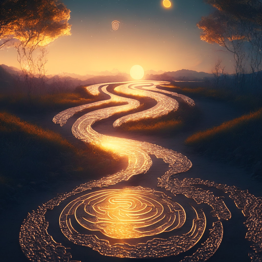 An ethereal digital landscape bathed in a soft twilight glow, a winding path symbolizing the growth of the cryptocurrency Stellar (XLM). Coins subtly glowing along the path indicating the steady increase in value. In the background, a rising sun hinting at the Ripple effect, and the ripple coin casting light on the path. Another road branching out, adorned with different coins, demonstrating diversification in crypto. The general mood of the image is optimistic, yet serene.