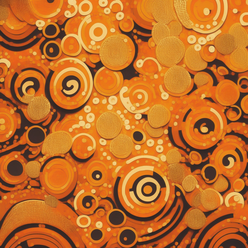 Imagine an abstract, mid-century modern painting of a digital wave of coins, conveying the power and excitement of the Meme Coins in Crypto Sphere. In this wave, cleverly incorporate small, dotted texture to imply the 'Thug Life Token.' The image should be imbued with a rich warm color like burning orange to evoke the fiery passion of the crypto community and the exciting potential return for investors. The light setting should have a dynamic chiaroscuro effect, adding a sense of drama and intrigue to the scene. The mood should be compellingly engaging and fast-paced, a nod to the swift and exhilarating world of cryptocurrency trading.
