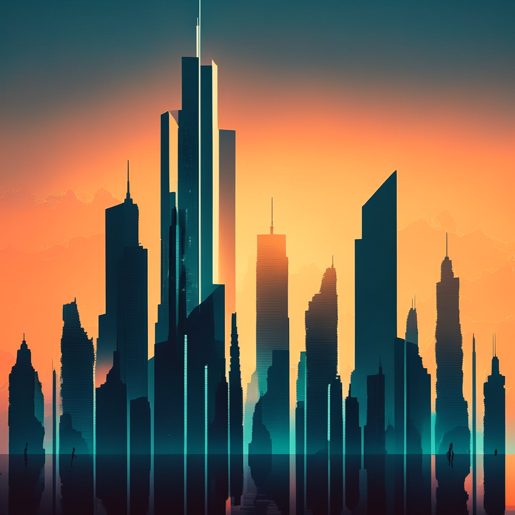 A futuristic financial skyline, in hues of dawn's early light - hinting of a new era for Bitcoin, skyscrapers symbolising the peaks of historic Bitcoin values and large financial institutions. Silhouettes of anonymous long-term holders cradle physical representations of Bitcoin, adding stark contrast and depth. The mood is hopeful, optimistic, touched with suspense.