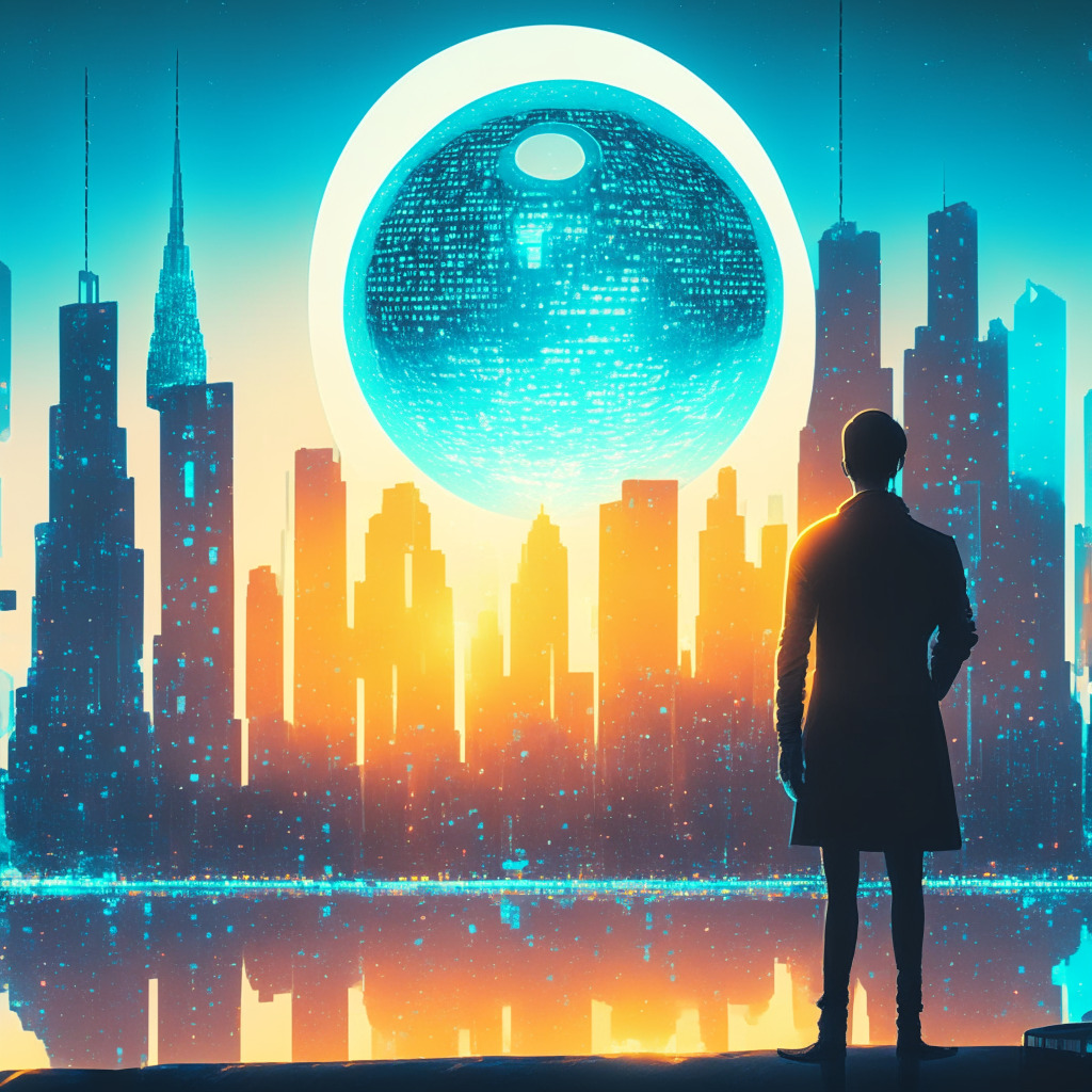 An atmospheric, futuristic cityscape bathed in the cyan hues of a digital sunset, Reflective skyscrapers symbolize soaring crypto values while connected nodes indicate decentralized networks. A large, glowing orb in the sky signifies Worldcoin, surrounded by smaller, dimmer orbs depicting Bitcoin, Ether, XRP. A shadowed figure views the scene, depicting investor skepticism and anticipation. Mood: Ambivalence and intrigue.