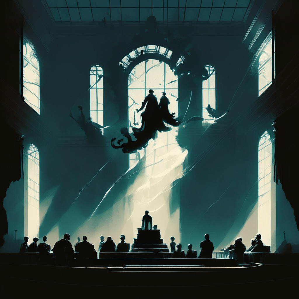 A stormy courtroom filled with distant silhouettes, a luminous spectral balance delicately in the center, gently swaying. The scales are uneven, symbolizing the unsteady balance between regulation and legislation in crypto sector. Shadowy figures poised at either end, embodying resistance and authority. Artistic style reminiscent of a dramatic baroque painting, conveying a tense, ambiguous mood.