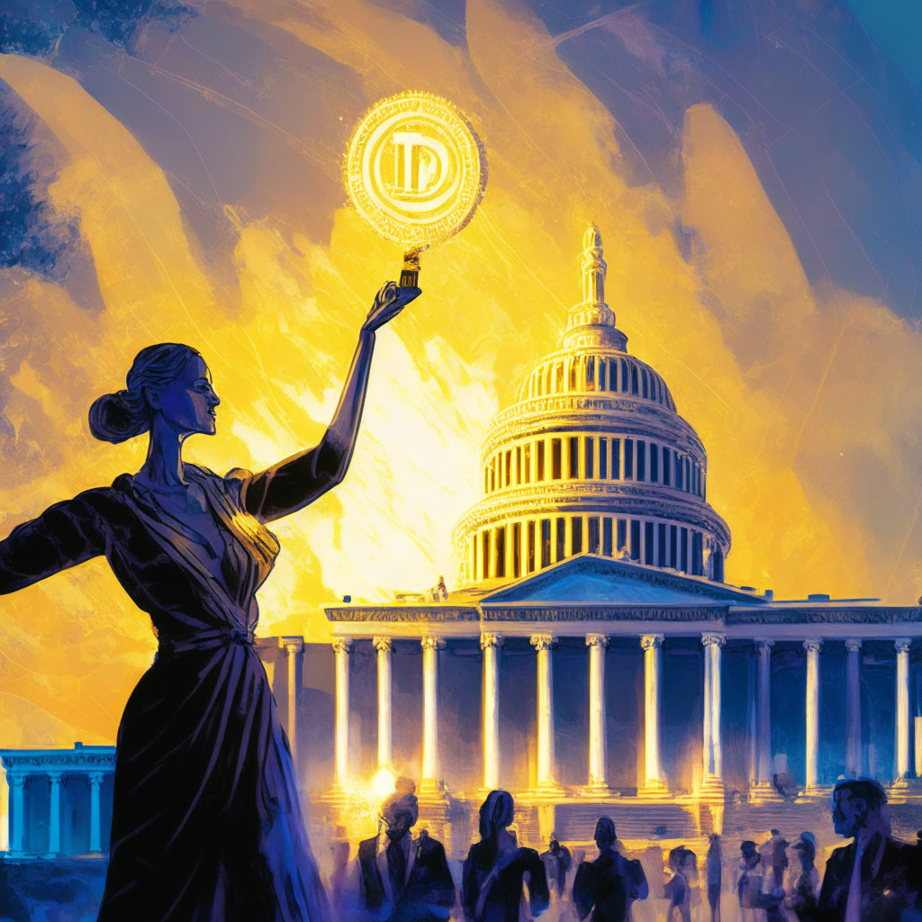 A picturesque scene of Capitol Hill under a soft evening light, rendered in a modern impressionistic style. The central focus is Judge Analisa Torres confidently holding a glowing digital gavel made of intertwined blockchain nodes. In the background, a female figure symbolizing Senator Cynthia Lummis, holding up a golden, shimmering XRP coin to the starlit sky, indicating her plea for regulatory clarity. A ethereal parchment with clear crypto regulation guidelines floats between them, symbolising the need for stringent rules. This dusk setting with cool tones evokes contemplation and urgency, painting a mood of complex negotiation and progressive policy making in the crypto scenery.