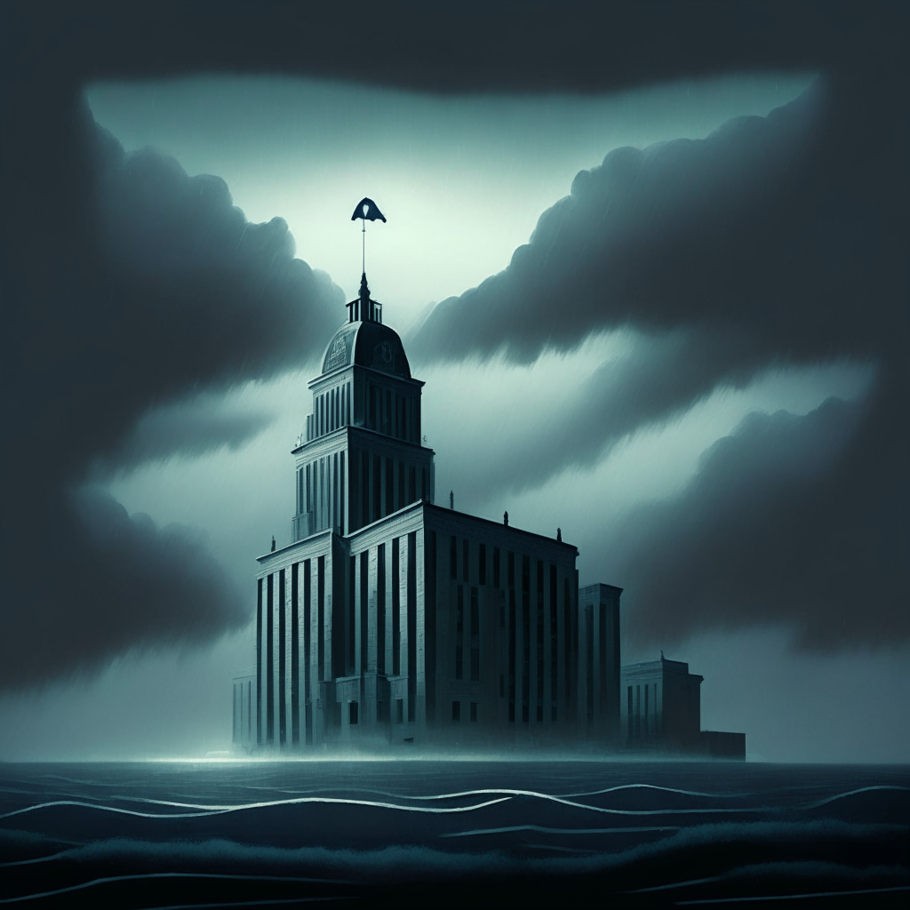 A courthouse under a murky twilight sky, crafted in surrealist style, reflects on a turbulent sea labelled 'Cryptocurrency Regulations'. Shadows of uncertainty envelope the scene. A distant row of ivory towers represent institutional investors, a teetering 'SEC' tower signifies regulatory ambiguity. The gloomy mood is intensified by an impending storm, representing the heated debates and potential appeals.