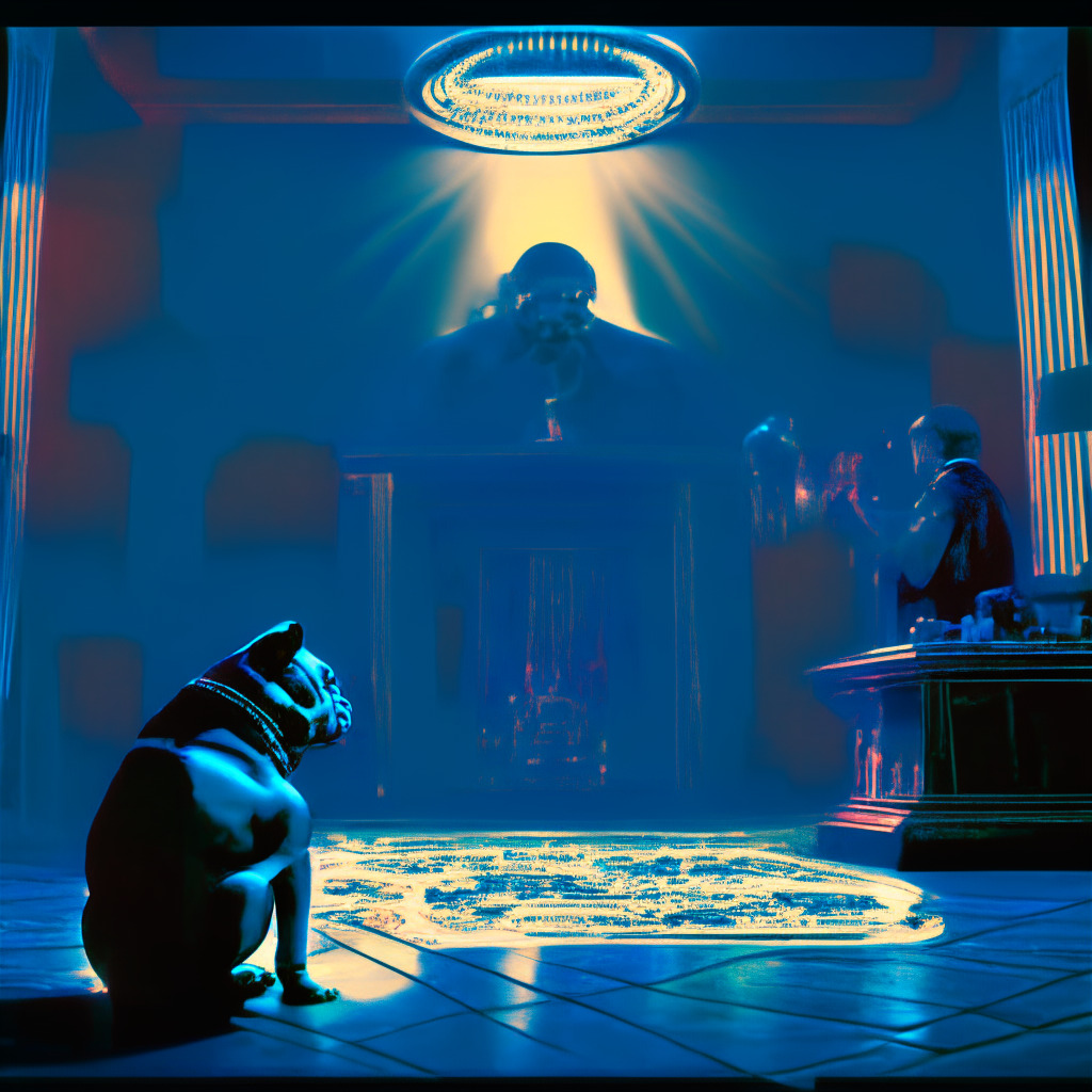A monochrome image highlighting tension between freedom of expression and financial regulation, set in a dimly lit, ominous stage. Depict a visually symbolic bulldog (representing UK) inspecting vibrant crypto memes scattered around, in a film noir styled environment. Artists should portray a sense of uncertainty and caution, implying the rigorous scrutiny suggested by the dawning legislative environment. The scene should have a mix of classic and futuristic undertones, representing the clash of traditional regulations and modern digital culture.