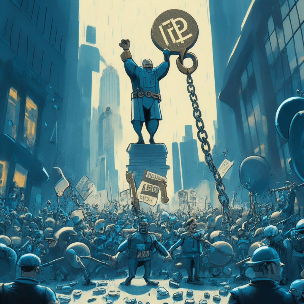 A gavel wrapped in chains, smashing and breaking them, signifying Ripple Labs' legal victory, set within a large bullish coin as the background. In the foreground, an army of miniature meme-inspired Wall Street characters, marching from a futuristic financial district. The scene set in early dawn, painted in an impressionistic style, to reflect hope and victory. Mood: Resilient, Victorious.
