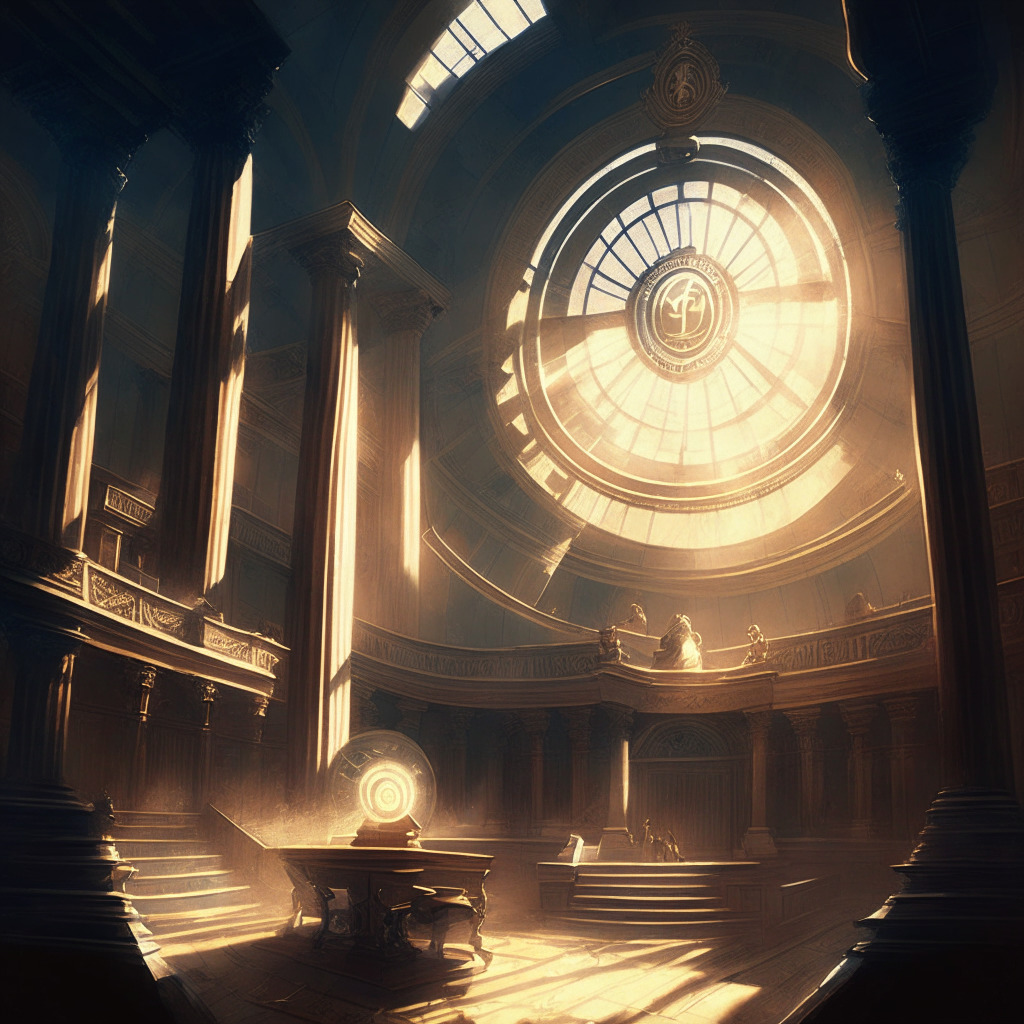 A courtroom with ornate architecture, light pouring in from a high window onto a judge delivering a verdict, a coin embossed with Ripple symbol glowing victoriously in the foreground. Atmosphere filled with suspense, relief, and fragments of optimism. The style reminiscent of a classic painting with elements of surrealism.