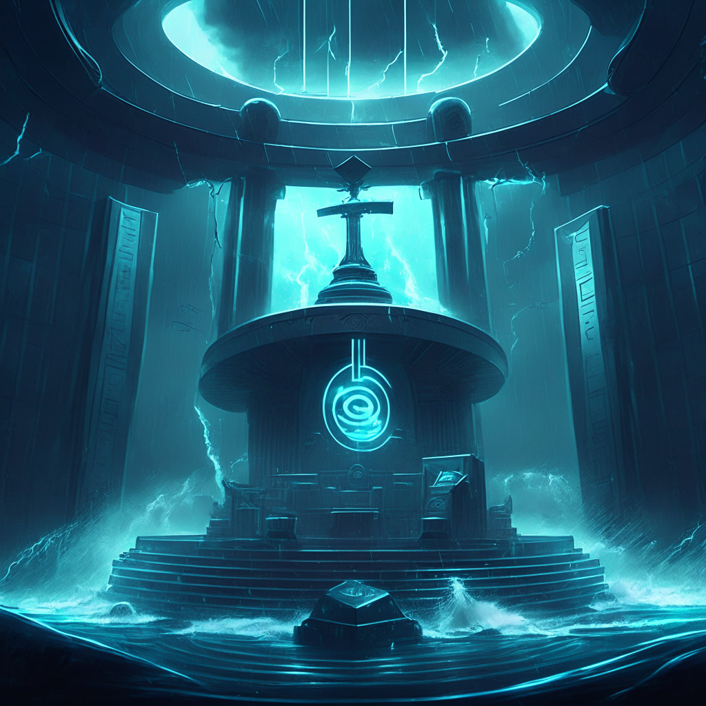 A futuristic courtroom in a cyberpunk style, with a glowing gavel symbolizing 'Ripple' partially victorious. Underneath, a dark turbulent sea symbolizing crypto exchanges. Two resilient structures in the form of 'Coinbase' & 'Binance' stand amidst the storm showing strength, yet uncertainty.