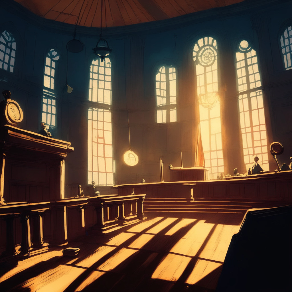 An atmospheric courtroom with a gavel striking decisively, symbolizing a landmark ruling in favor of Ripple interspersed with soaring tokens like XRP, Bitcoin, Cardano (without logos), rendered in Van Gogh's impressionistic style. Sunset light filters in, casting long shadows and hinting at a sense of both triumph and caution, resonating with the mood of optimism yet uncertainty surrounding the crypto market's future.