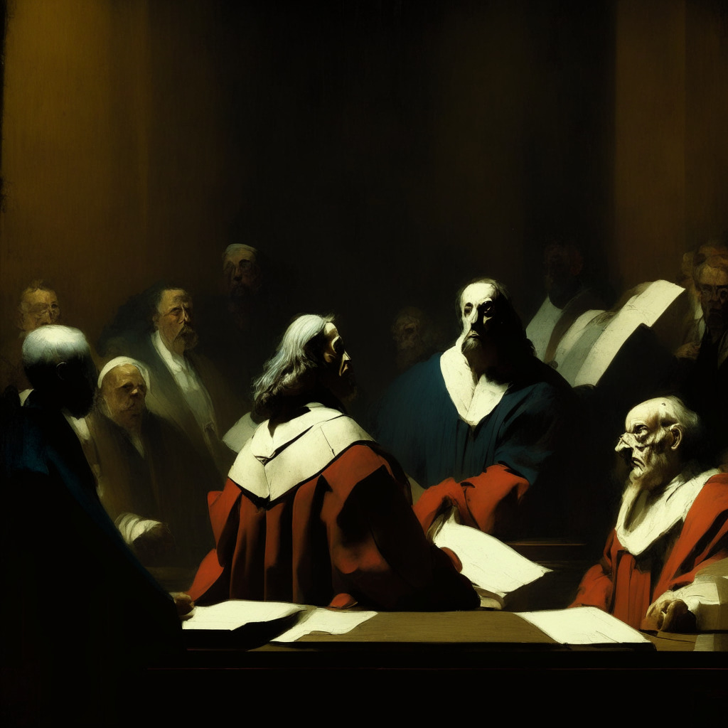 A courtroom painted in the Renaissance style with in-depth chiaroscuro lighting. A robed judge, showing the likeness of a stern Judge Torres, holds a document titled 'Appeal'. In the foreground, conflicting parties are locked in heated debates. Expressionist strokes capture the emotional gravity of the appeal discussion. The overall mood is tense, mirroring the unsure outcome of the Ripple Vs SEC case.