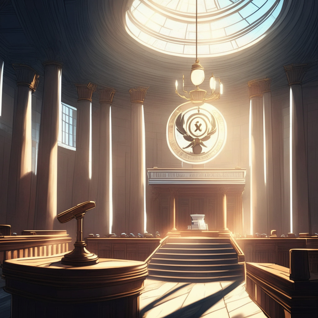 A courtroom bathed in the soft light of victory, with Ripple's token, XRP, elevated and shining like a beacon. Neo-classical architecture style, a judge's gavel mid-strike symbolizing the decisive ruling. Mood is celebratory yet cautious, signalling an intriguing and uncertain future for cryptocurrencies.