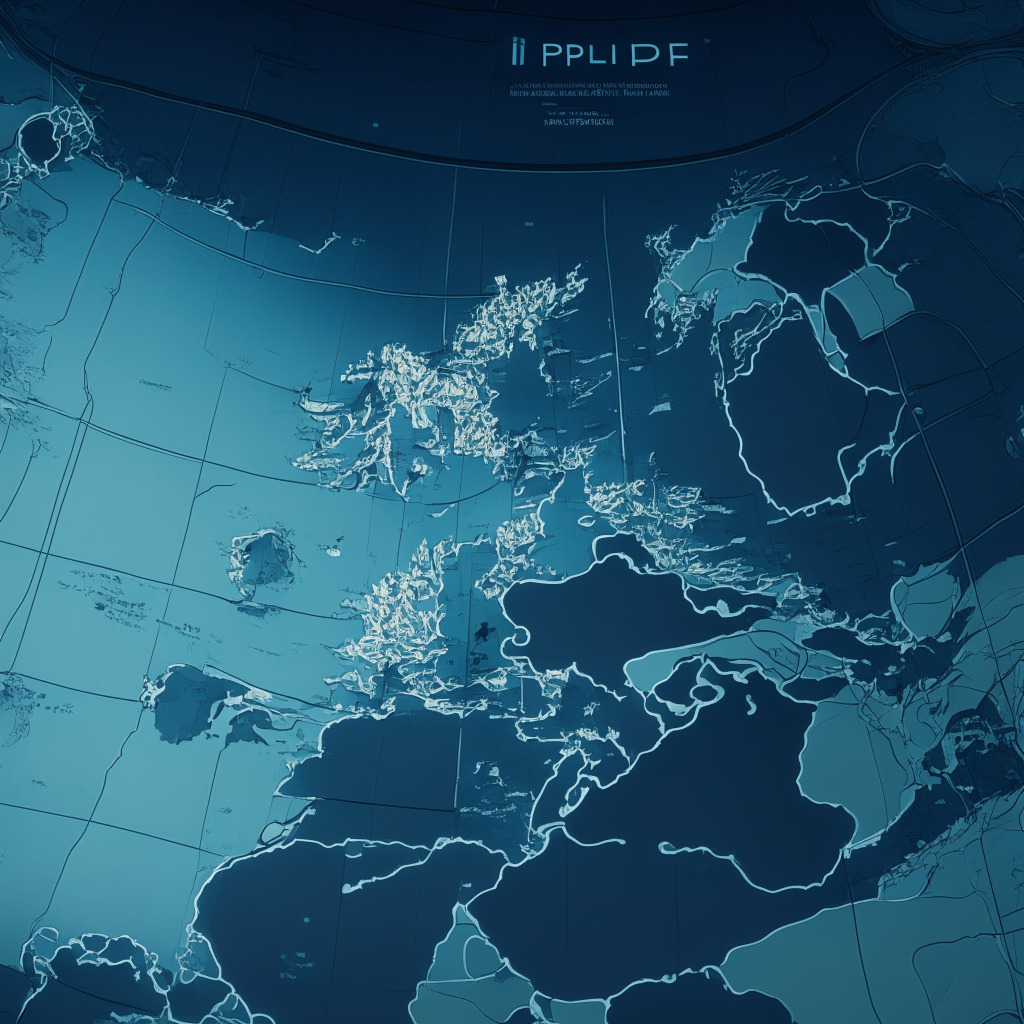 An illustration of a digital map with Ripple's logo prominently placed over UK and Ireland, represented in an anime art style. Evening light softly illuminating the scene, creating a mysterious and strategic atmosphere. Tension should be perceivable, embodying the intricate legal and regulatory challenges faced by Ripple's expansion process.