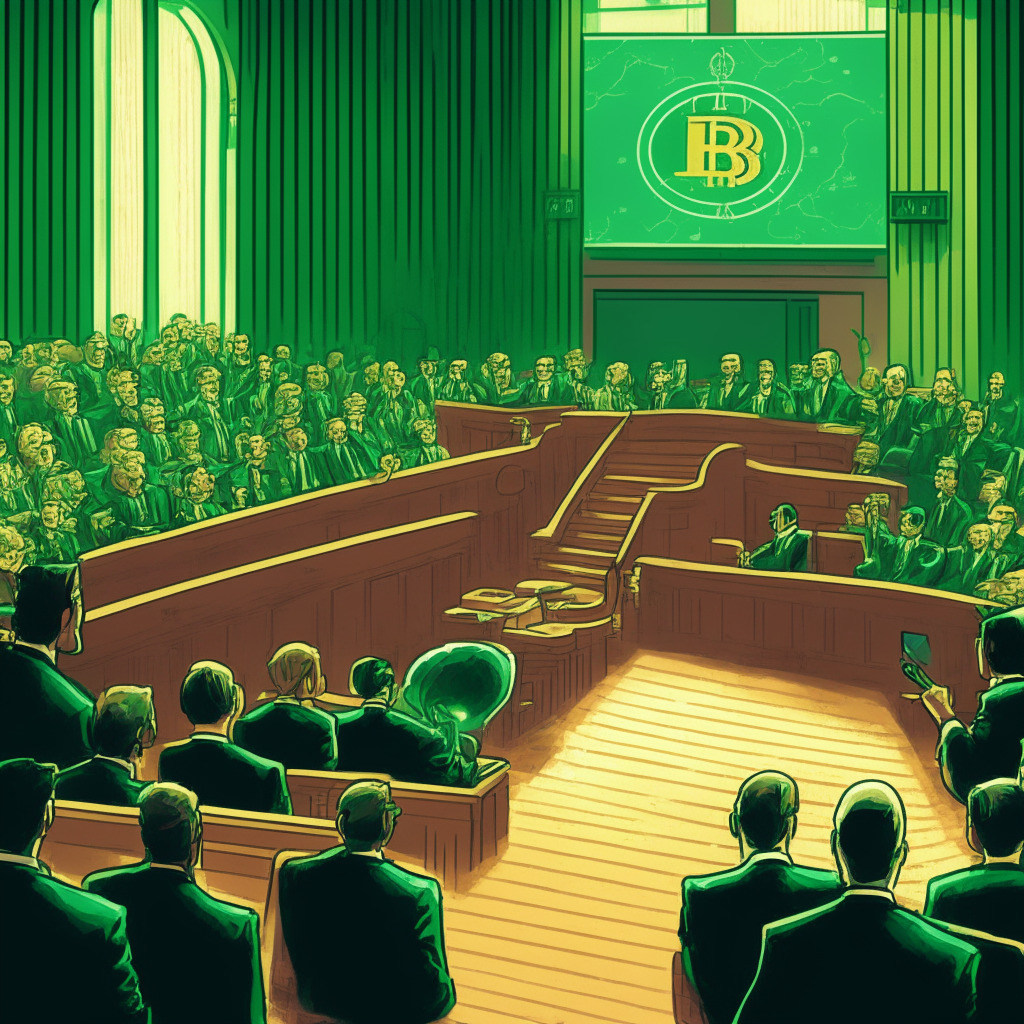A courtroom scene filled with anticipation and relief, with hues of green and gold representing the steady rise in Bitcoin price and a ripple effect emanating from a positive judge ruling. The mood should be hopeful, signifying a major victory for cryptocurrency regulations, and showcasing faith in the digital investment landscape. The scene is further accentuated by a bridge, symbolizing the bridging of cryptocurrency and regulation, under a bright yet soft setting sun, hinting at new beginnings.