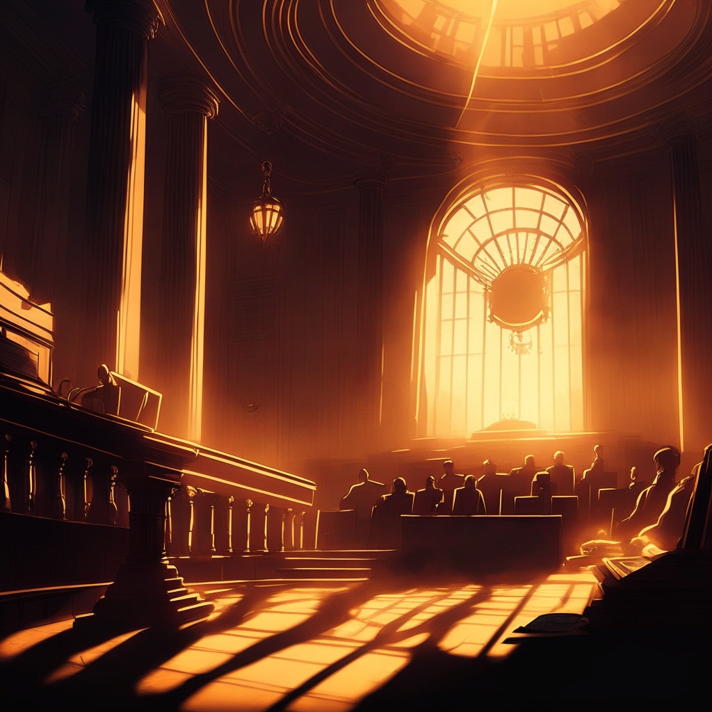 An atmospheric courtroom draped in twilight hues, Ripple's token XRP emerging victorious, engulfed in a surge of golden light. The mood is triumphant yet cautious, generating an electric tension. A myriad of anonymous shadows lurk, symbolizing potential scammer threats, the adversarial element kept in check. In the periphery, various crypto coins anxiously watch, their fate tethered to the ruling.