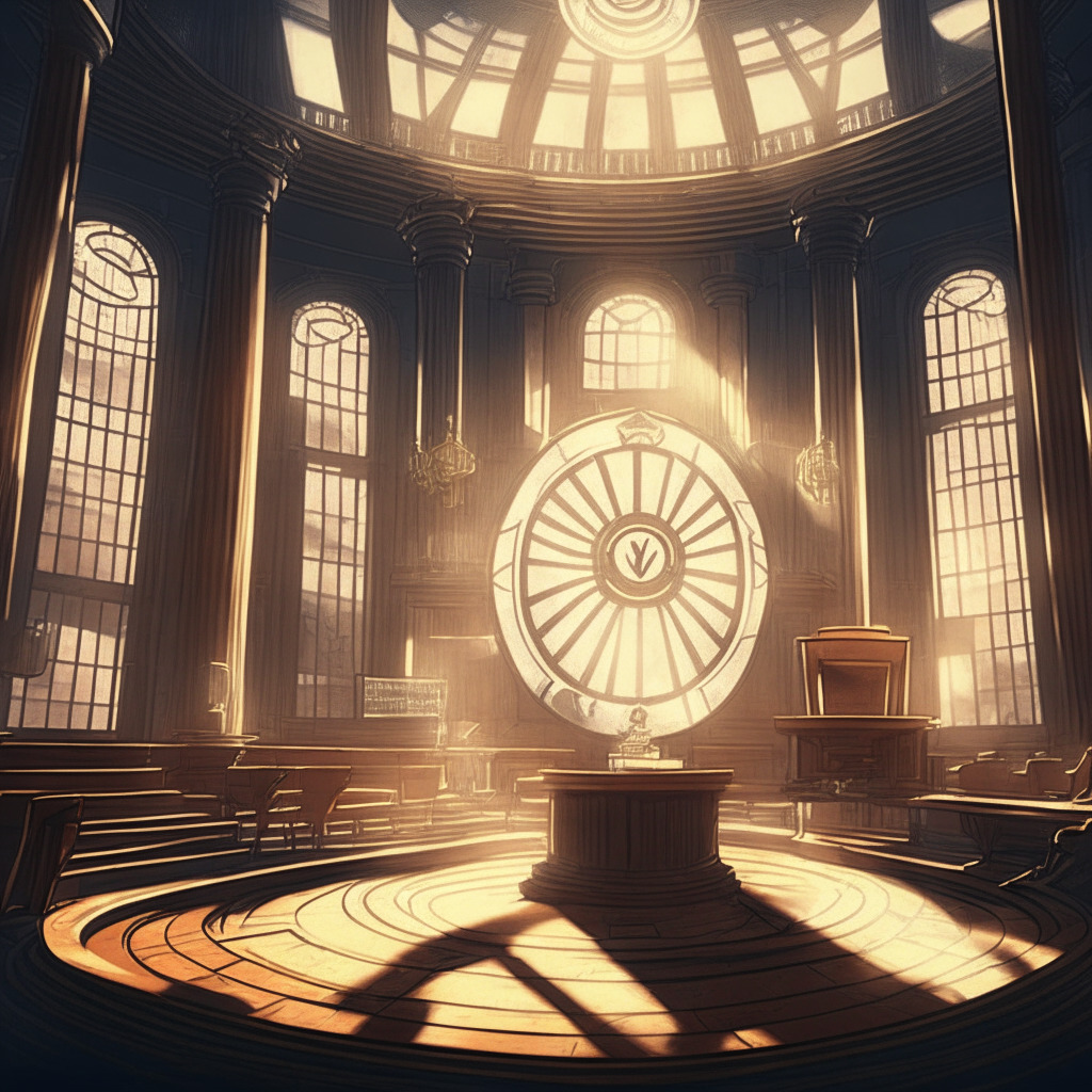 Period courtroom setting, dramatic light piercing through large windows, center scene featuring a stylised Ripple coin standing victorious, background depicting scales of justice tilting favorably. Incorporate a contrast signifying tension between traditional finance (depicted as historic documents) and futuristic cryptocurrency (evocative of digital technology). Artistic style should be a mix of realism and digital art, capturing a decisive, yet contemplative mood.