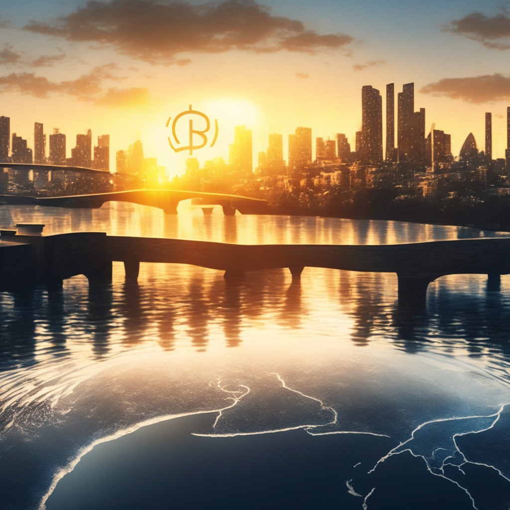 Sunrise breaking over a city dotted with financial institutions, embodying a hopeful new dawn. In the foreground, a strong, sturdy bridge symbolic of Ripple's cryptocurrency XRP, paving the way over a tumultuous river representing uncertainty. Litigation documents and a balance scale floating in mid-air, signaling the ongoing legal battle. A kernel of light glows from the horizon, casting a veil of soft gold, inspiring a sense of hopeful anxiety. The atmosphere is charged with anticipation, yet tinged with caution, reflecting the current state of the cryptocurrency market.