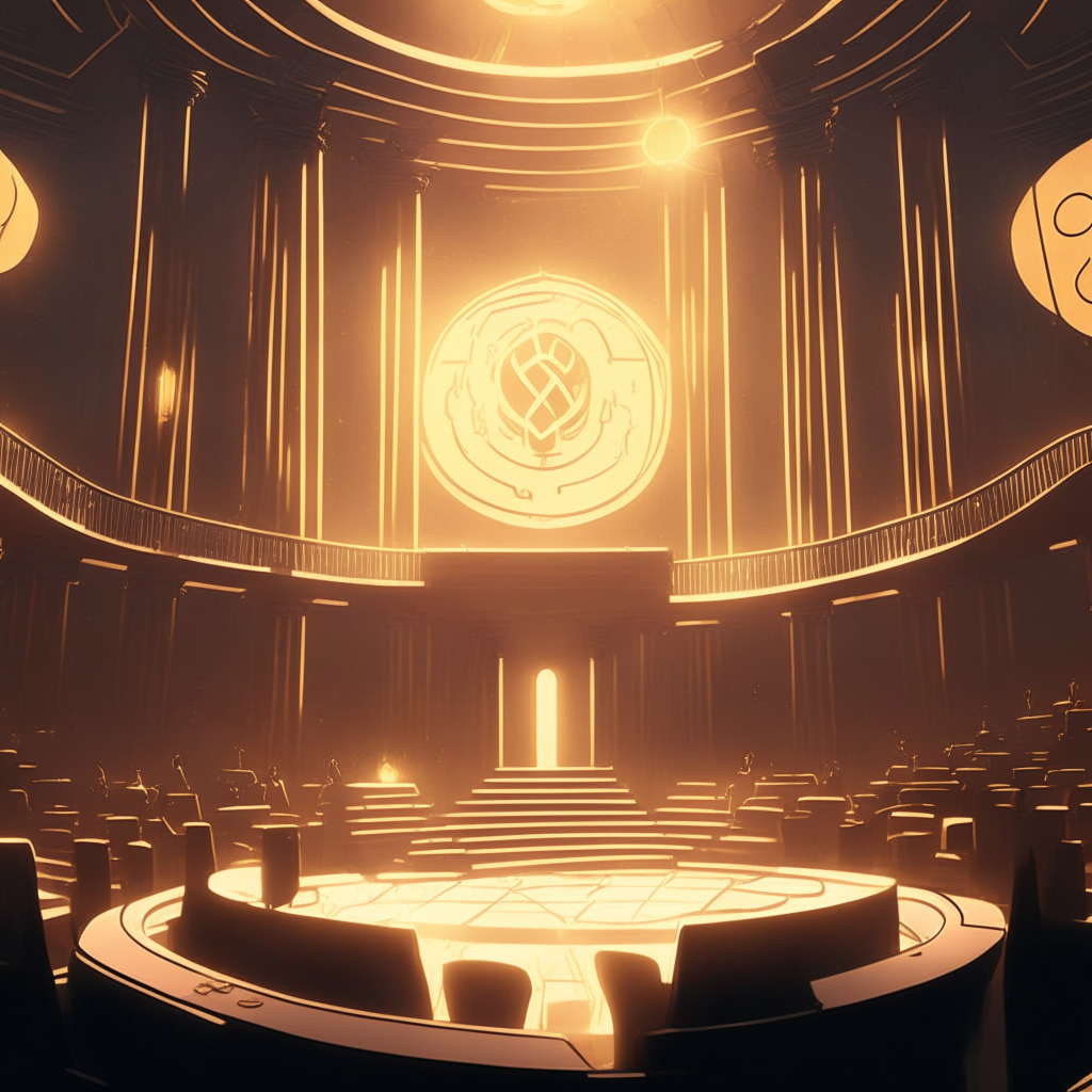 A courtroom in the foreground, bathed in the golden glow of dawn, hinting towards a favorable ruling. The backdrop is a contrasting grey-scale, representing Ripple's partial victory and uncertain future. Cybernetic algorithmic tendrils, each one holding a shimmering XRP token, weave throughout the scene to signify the influence of the legal decision on the volatile crypto market. The mood is a blend of triumph, mystery, and anticipation.