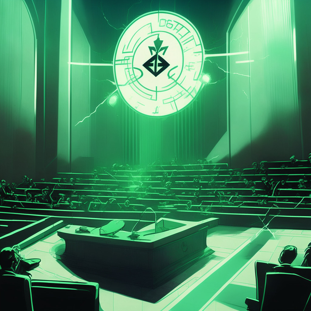 A courtroom with intense spotlight, the scales of justice in balance, symbolizing Ripple's partial victory against the SEC. A surge of vibrant green arrow shooting upwards, representing XRP's sudden price rise. Removed chains from a digital token hinting the re-listing potential. Subdued undertones of caution amid celebration, reflecting ongoing regulatory uncertainties. Shadows of three lawsuit forms hover in the background, indicating related legal challenges. Evocative, dark contrasts juxtaposing the bright hopeful surge, capturing the prevailing mood.