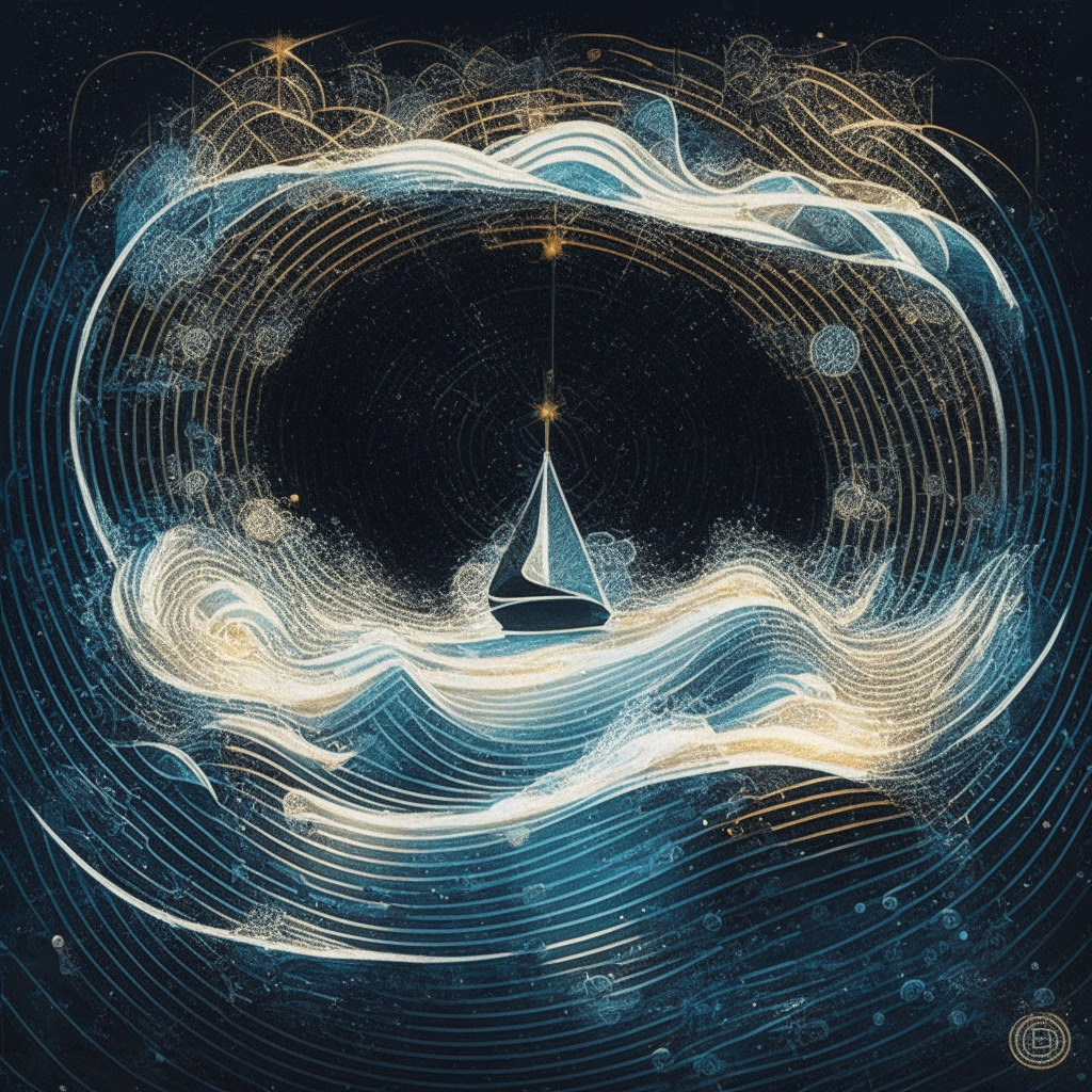 An abstract visualization of Ripple as a resilient ship navigating murky waters of a legal storm, a luminescent representation of central banks acting as guiding stars. Incorporate ripple patterns reminiscent of the blockchain network in water, layers of light conveying a sense of strength and resilience. Honest portrayal of uncertainty, mixed with optimism and hope.