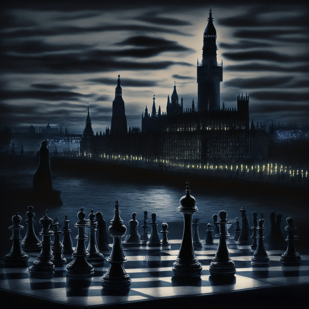 Moody, twilight scene in London, capturing a symbolic chess game depicting strategic moves. In the foreground, subtly glowing chess pieces, shaped like cryptocoins and traditional finance icons, to represent the ongoing transition and challenges. Artistic style: mature, noir undertones, expressing a careful, watchful mood in the regulatory landscape.