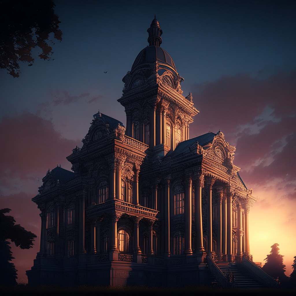 A Victorian-styled courthouse, detailed with intricate carvings, stands imposingly against a twilight-hued sky, glowing warmly in the fading sun. Ripple-like cryptocurrency tokens hover in the air, casting mellow reflectance. The ambience personifies an unresolved tension through the sharp contrast between the obscurity of the surroundings and the illuminating tokens, encapsulating the vagueness of XRP's legal status.