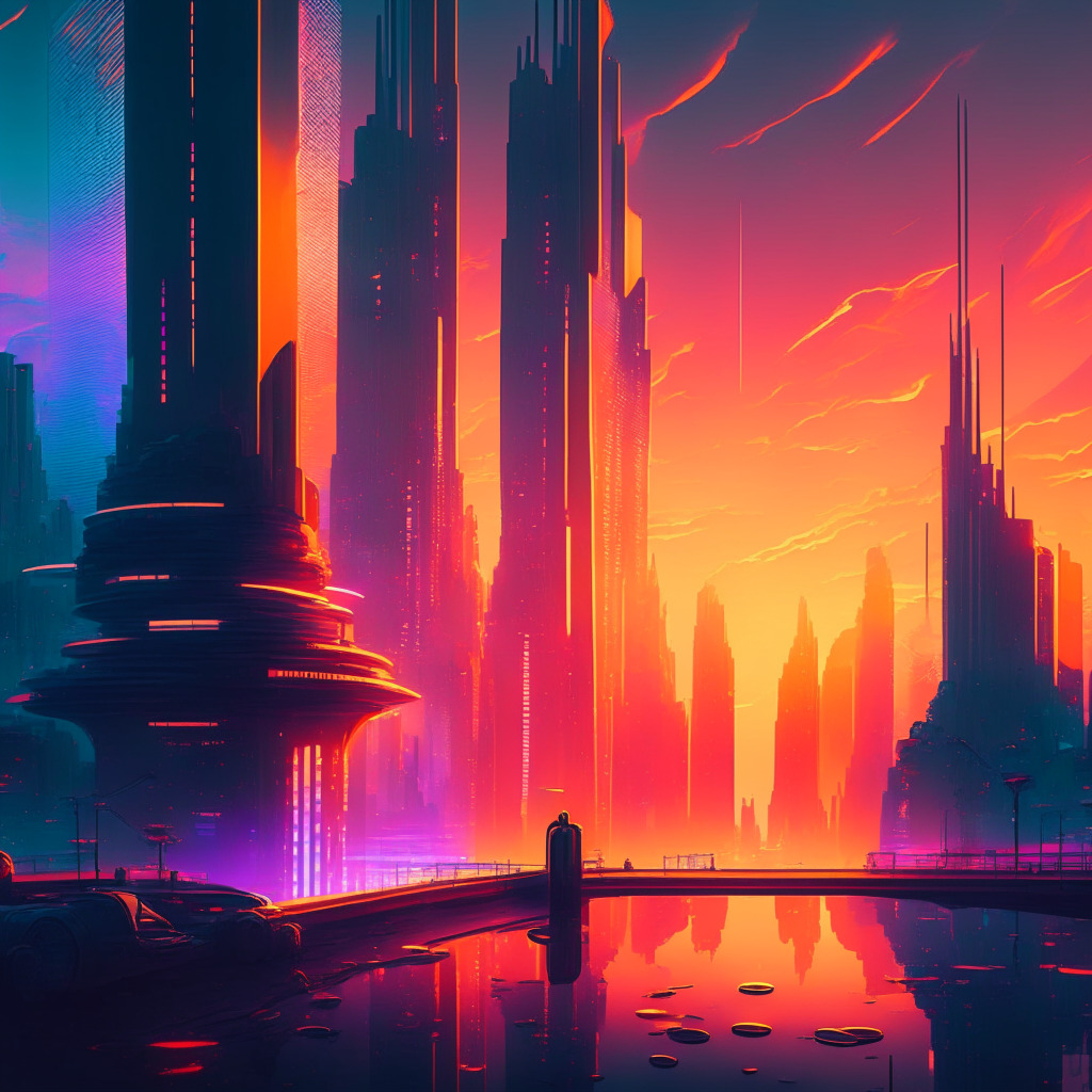 A vibrant sunrise over a futuristic cityscape where digital tokens like coins flow like a river, against the backdrop of a bold, glass-fronted exchange building. The scene conveys a sense of thrill, anticipation, and also a hint of uncertainty. The palette, reminiscent of a neon-lit tech-noir environment, helps establish an overall mood of intrigue.