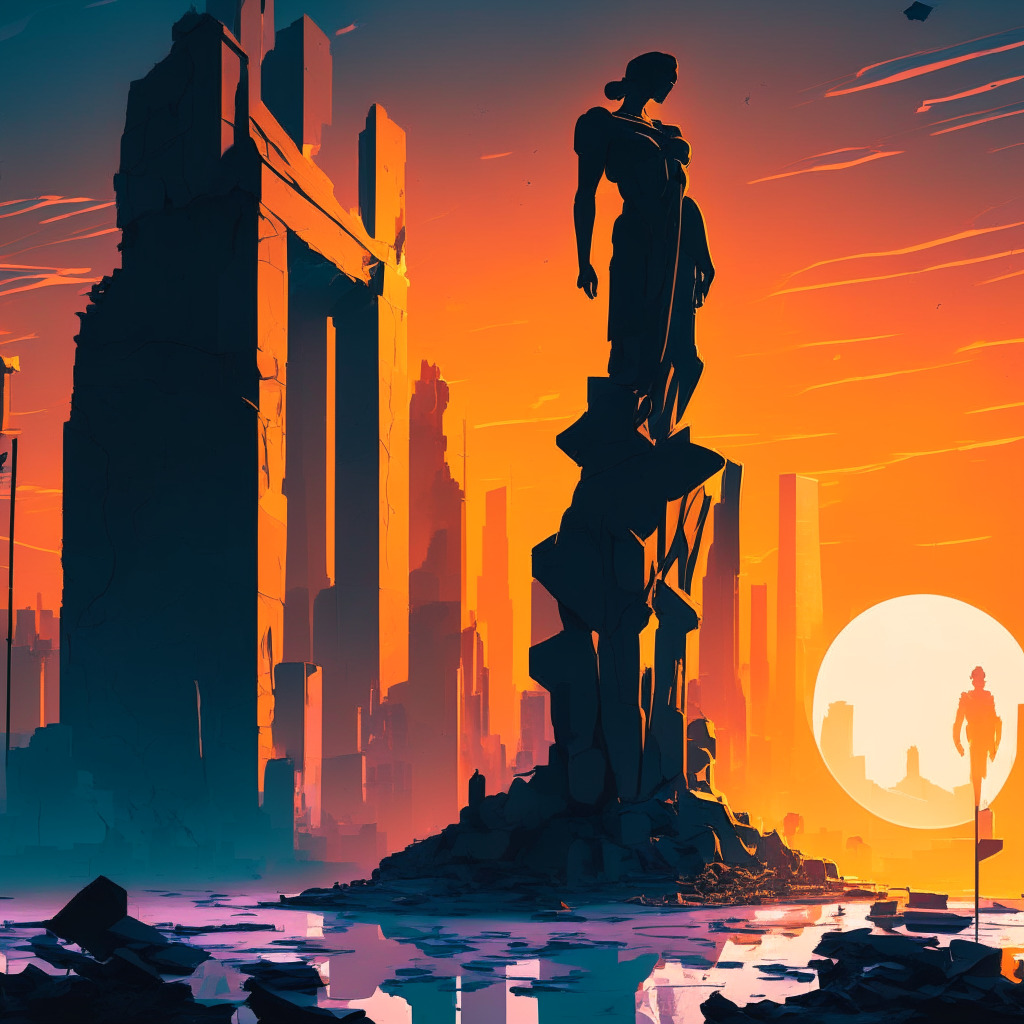 Sunset over a futuristic city, painted in the style of Orphism, symbolic of the cryptocurrency world. In the foreground, a crumbling statue representing a fallen crypto exchange. Shadows growing across the scene depict increasing uncertainty, a somber mood pervading. Far away, courthouse lights glow, indicating the imposition of law and regulation.