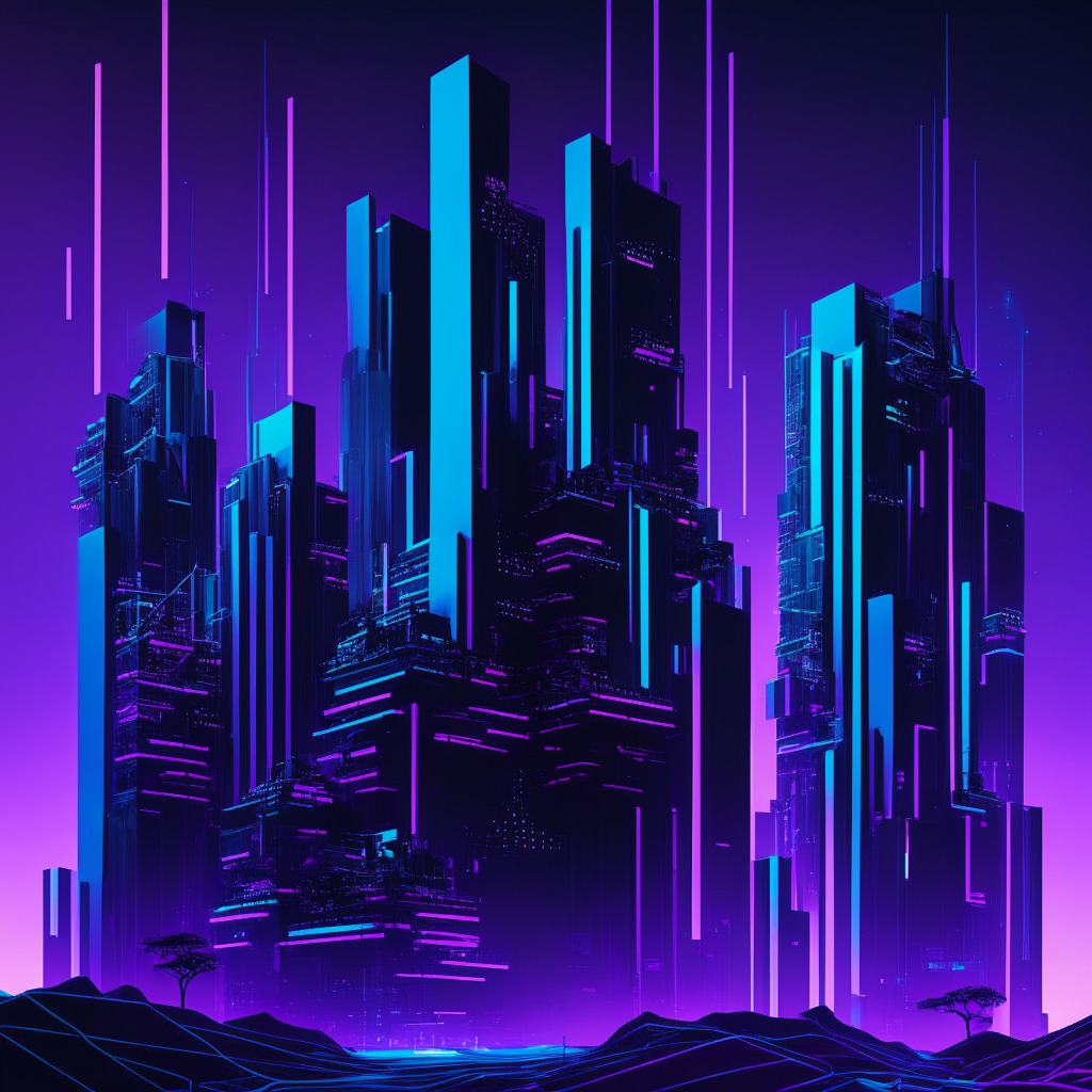 Visualize a digital landscape with towering structures, representing blockchain data stacks under a twilight sky, shedding light on the theme of decentralization. Incorporate the style of cyberpunk art using a palette of neon blues and purples to capture the futuristic tone. The structures should emit glow, symbolizing active smart contracts, contrast against dark, shadowy corners, suggesting potential security vulnerabilities. The mood is a mix of hope and haunting uncertainty.