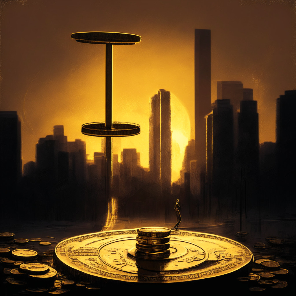 A digital painting in noir style, portraying a gigantic metallic coin of US dollar and a gold coin stamped with 'Stablecoin' on a seesaw in the middle of traditional cityscape, with the Stablecoin out-weighting the US dollar. The scene is bathed in the moody glow of a fading sunset, casting long, mysterious shadows, hinting at an impending shift in balance. Brooding clouds gather, symbolizing the tension and uncertainty in global finance.