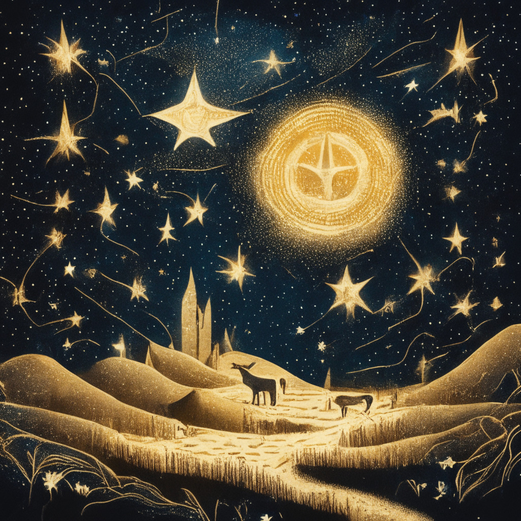 A whimsical, digital landscape intertwined with an unbounded starry sky. Key elements being: A towering Dogecoin symbol, the star, emanating a faint, hopeful glow in a dull, saturated market. Underneath, a mystical, shifting line symbolizing the unpredictable market resistance and strategically placed, frolicking golden tokens, symbolizing possible returns from prudent investments within dynamic presale projects. This scene bathed in predominantly cool colors with hints of warm hues represents uncertainty and hope simultaneously, in muted lighting and a surrealistic style to highlight the enigmatic and buoyant nature of the crypto universe.