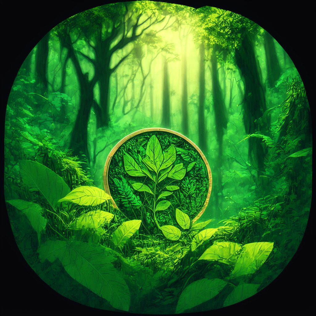 A crypto coin of vibrant green, embedded with seedling icon, glowing amidst a lush forest with diverse fauna. Scene depicted in a painterly style, bathed in soft, natural light. The mood, a balance between hopeful optimism and cautious uncertainty.