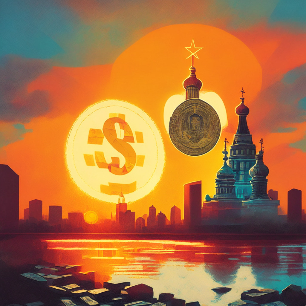 A painterly depiction of the dawning of a new era in Russia's financial landscape. Central focus on a digital ruble rising like a sun, casting long shadows over traditional money symbolizing change. Bright, intense palette to evoke excitement and suspense. Serene, but tinged with an ominous mood for hinted privacy concerns. A glimpse of Chinese yuan in the distance, symbolizing potential future collaboration.