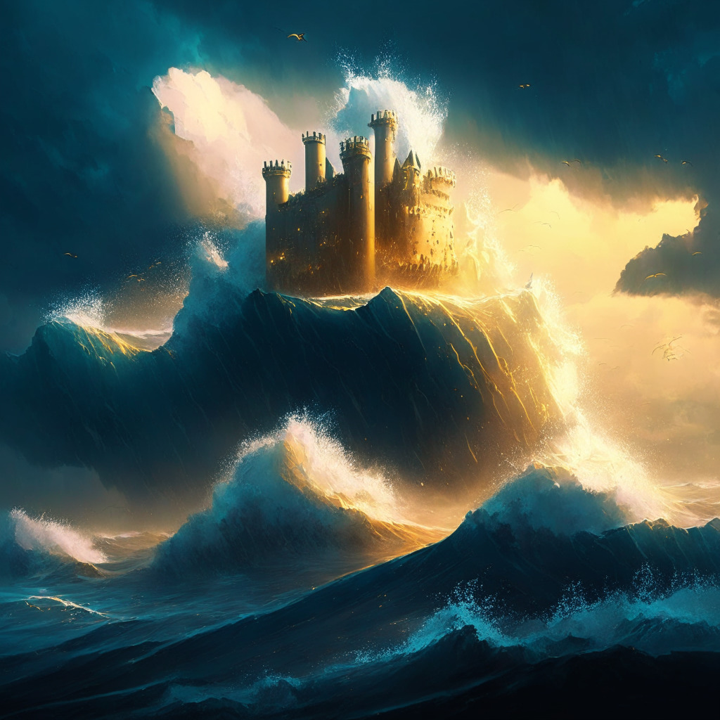 A metaphorical concept art portraying a robust fortress, standing tall amidst flashing waves of a turbulent ocean. The fortress, glowing with golden light, symbolizes the resilience of Bitcoin and tech stocks against rising real yields. Add a gloomy sky to enhance the drama, the intensity of the ocean's waves reflecting increased risk-taking. Incorporate abstract elements of finance, technology, and cryptocurrency to weave the intricate narrative. The overall mood should convey a balanced display of booming and challenging economic conditions, with a hint of optimism for the future.