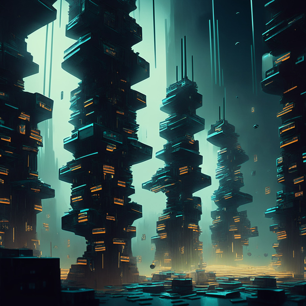 A dimly lit scene within a surreal futuristic city, blockchain structures towering in cyberspace, Ether trading sequences pulsing with energy. In the foreground, piles of surreal tokens named Bald are stacked riskily high, subtly personifying risk and quick profit. Architectural design shows hints of potential downfall, lending an air of suspense, intrigue, and anticipating possible deceit. Art style is a blend of modern futurism and dystopian noir.