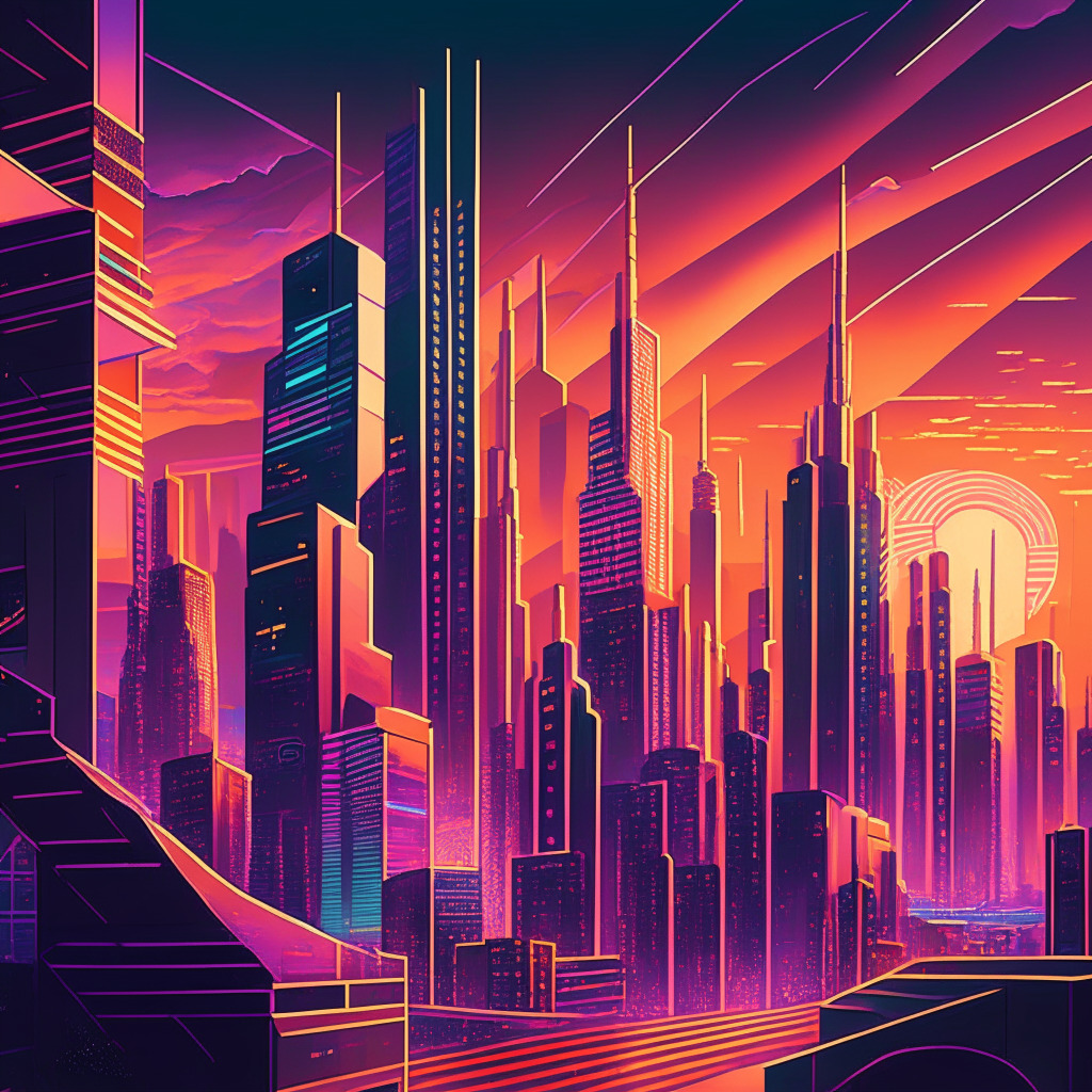 A vibrant, futurist cityscape at dusk, symbolizing the dynamic world of cryptocurrencies. Skyline projects roadmaps of evolving blockchain tech in opaque, holographic geometries, while ground-level portrays bullish market with golden, art-deco inspired patterns. The mood is optimistic, exuding anticipation and innovation, under a lustrous rosy twilight sky.