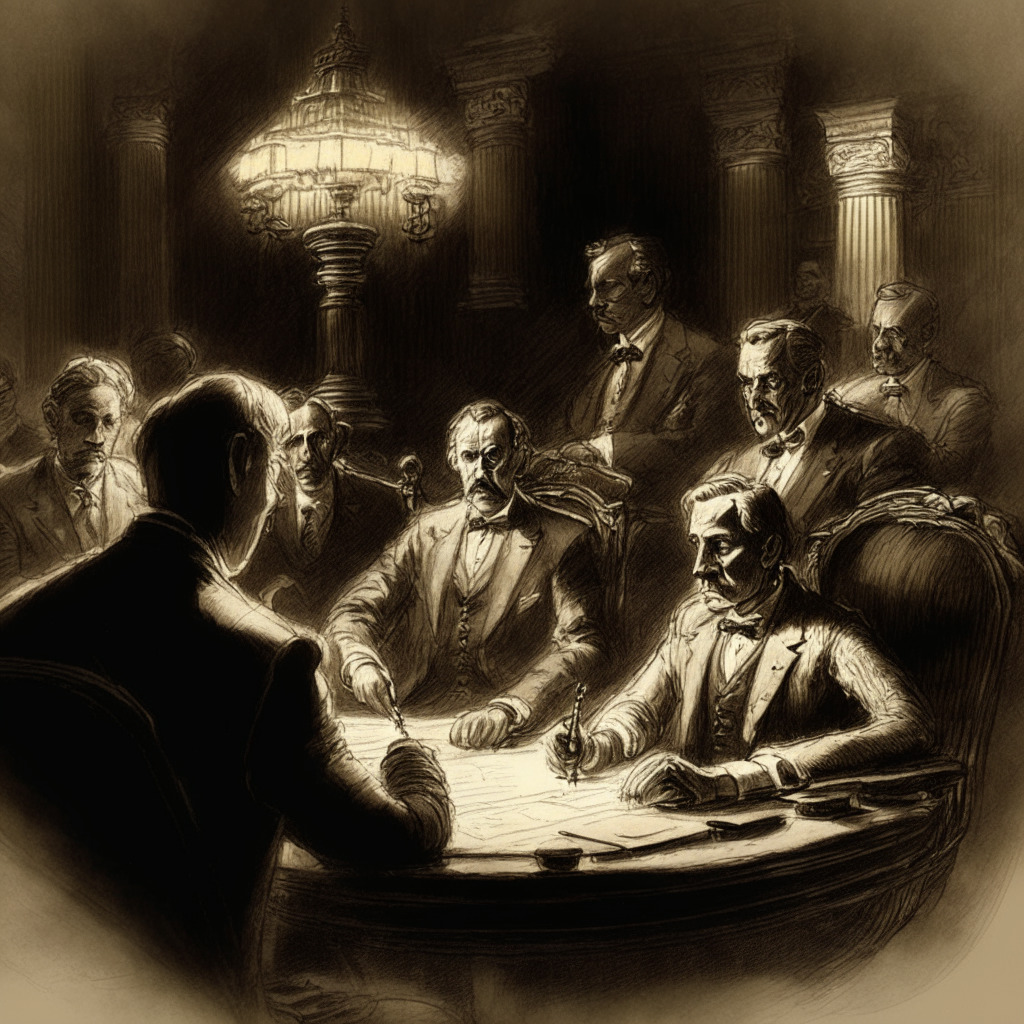 Detailed pencil sketch of U.S. Senators sitting at an antique desk, manuscript titled 'Crypto Bill' stands out, dark dramatic Baroque-style light emphasizes the atmosphere, air of concentration, discussion taking place against backdrop of large golden crypto coin, serene yet powerful mood.